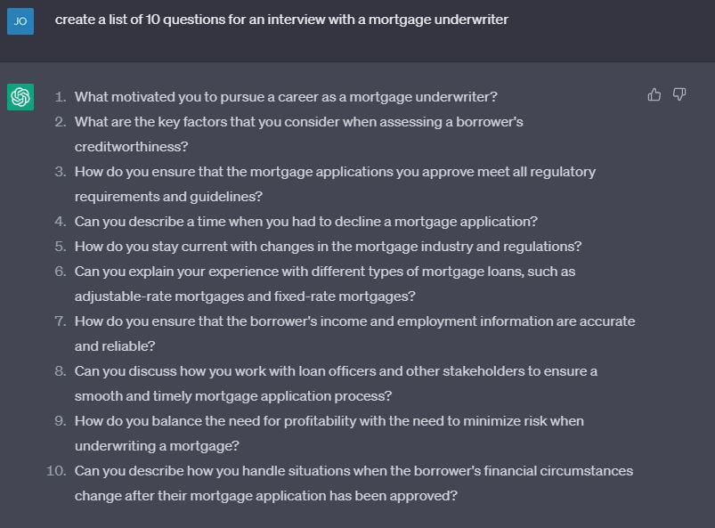ChatGPT - interview questions for a mortgage underwriter 
