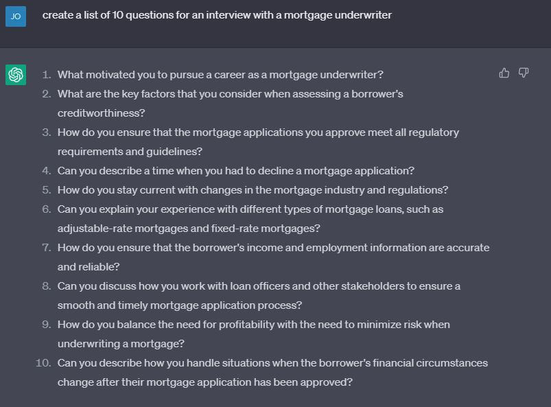 ChatGPT - interview questions for a mortgage underwriter 