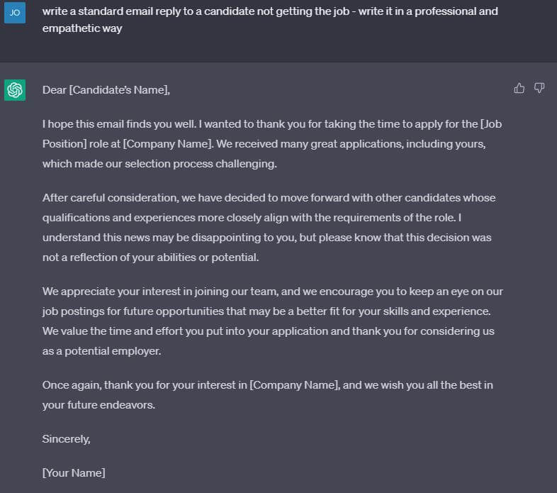 ChatGPT - email reply to candidate that's not successful 
