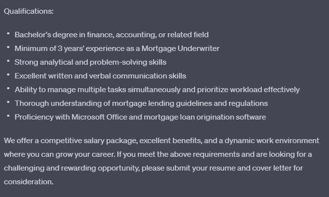 ChatGPT - Job advert for a mortgage underwriter Pt 2