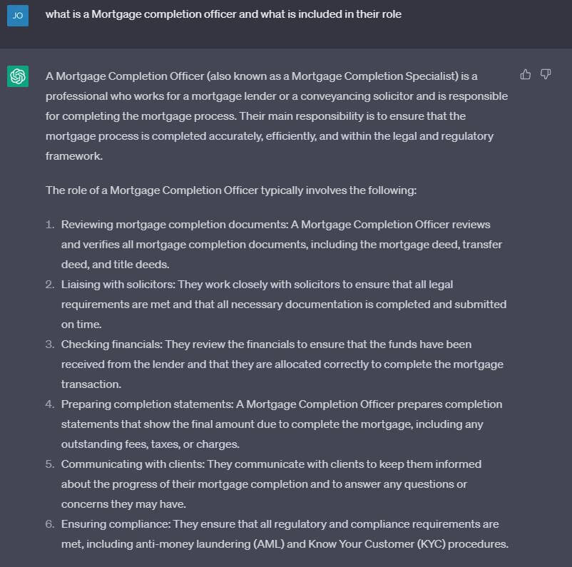 ChatGPT - show what's included in a mortgage completion officer role